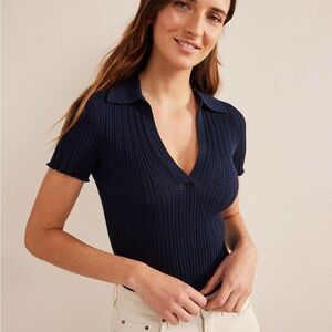 Boden Women’s Ribbed Pointelle Collared Top Size Medium Green